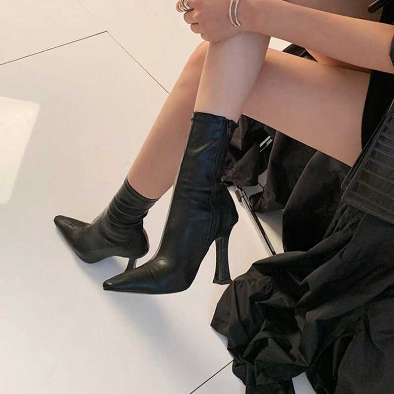 Womens High Heels Stilettos Ankle Boots Square Toe Zipper Side
