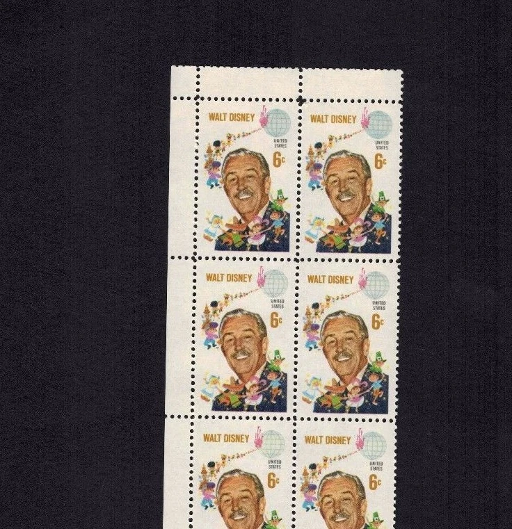 Plate block of 10 #1355 6c WALT DISNEY GUTTER SNIPE at top - Image 2 of 2