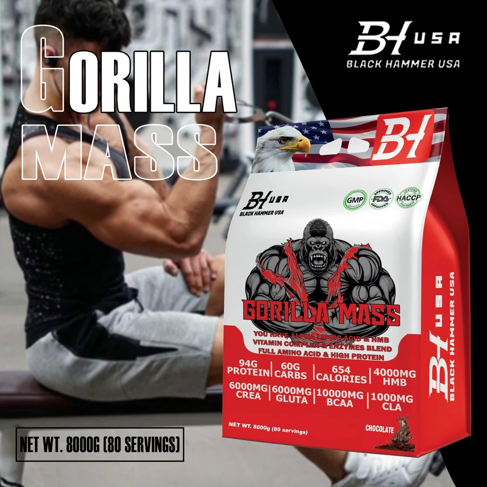 Gorilla Mass Gainer 8KG Chocolate | Protein & Carbs + CLA | Black Hammer USA - Bild 2 von 4