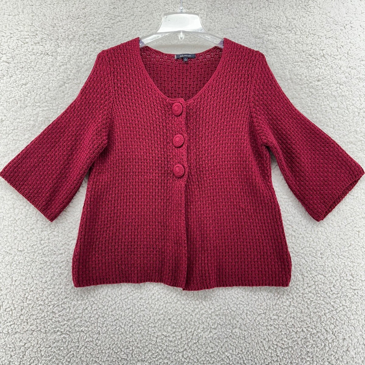 Anne Klein Womens L Red Vneck 3/4 Flare Sleeve Button Cardigan