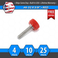 6-32 x 5/8" Thumb Screw Stainless Steel - Red Round Knurled Knob - USA