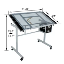 Drawing Desk Craft Station Drafting Table Tempered Glass Top  Drawers & Wheels
