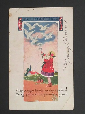 Easter Greetings Happy Birds in Skies So Blue Little Girl Vtg Postcard c1910s 