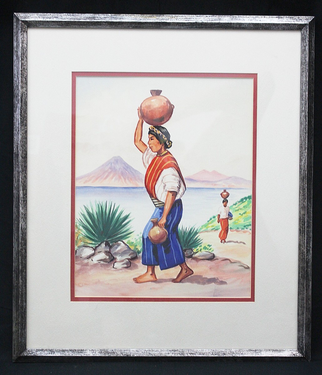 Mexican Mayan Original Water Color Painting 13x10.5 + Borders