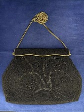 Vtg Hong Kong Black Floral Seed Beed Gold Hardware Chain Strap Purse Formal Bag