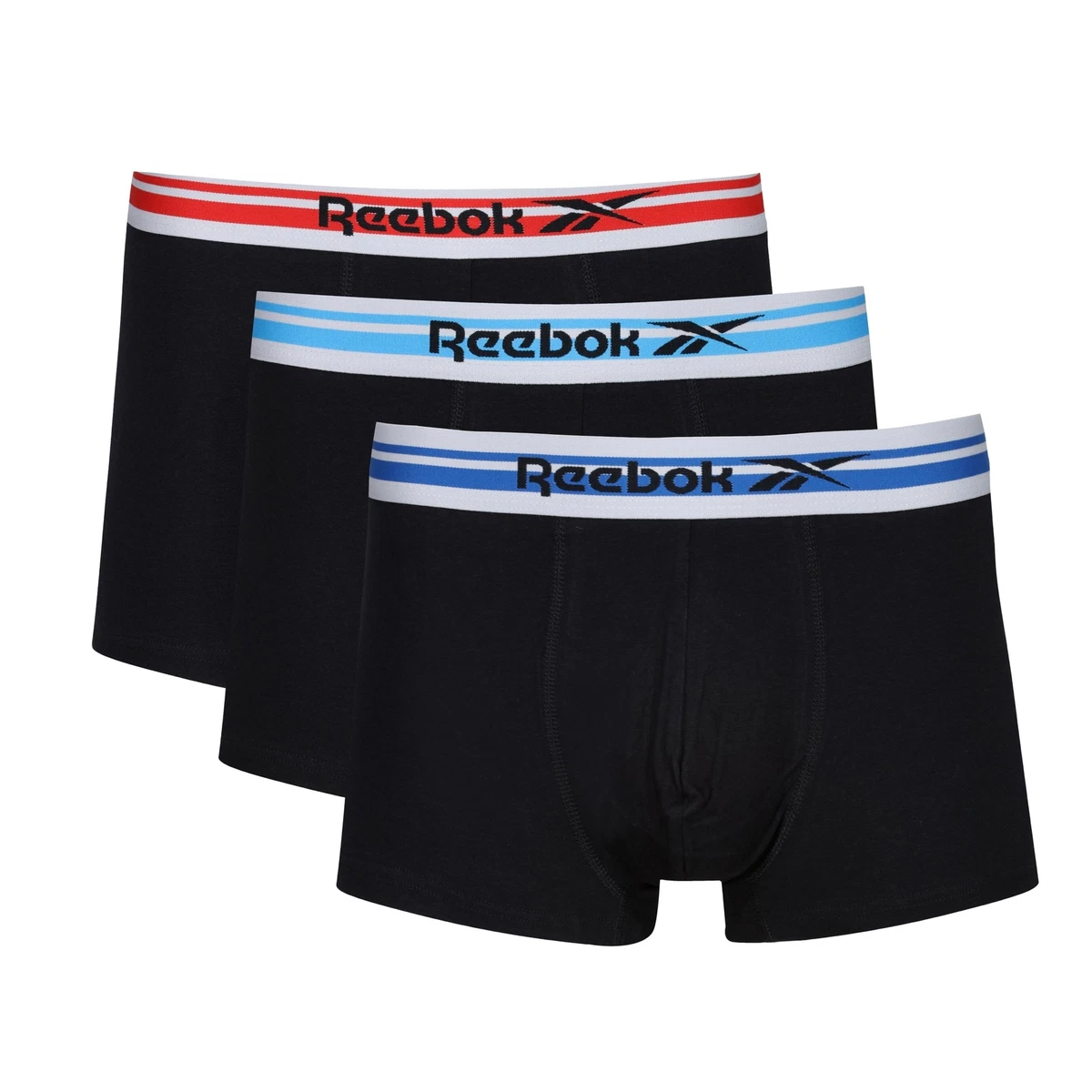 Reebok Mens Cotton Stretch 3 Pack Robin Black Trunks Blue Aqua