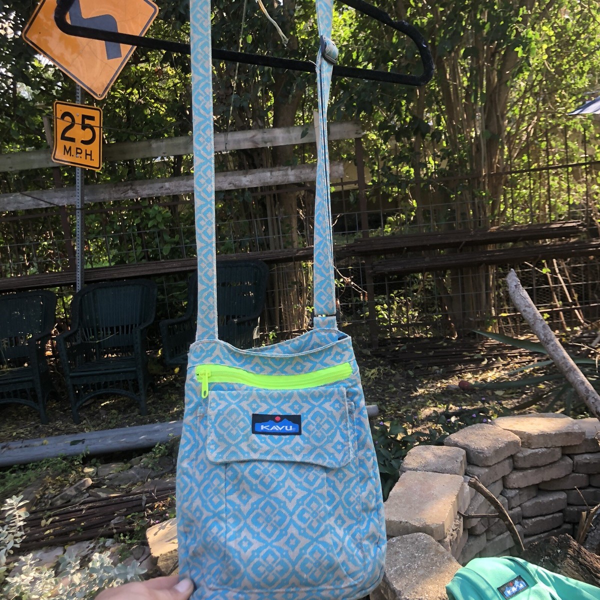 KAVU Crossbody Shoulder Bag Purse Teal Brown Print Adjustable Strap Small