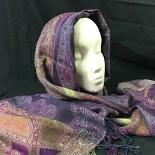 Purple Cloth Fabric Head Scarf Wrap Shawl Fringe Tassel Ends 21" x 80" Rectangle