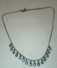 Little Girl Necklace With 15 Blue Dangle Rhinestones 8" Adjustable Chain