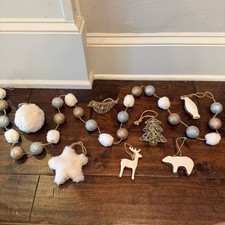 Farm House Burlap Rustic Christmas Ornament Lot and Matching Garland Tree Decor