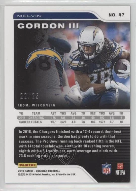 2019 Panini Obsidian Electric Etch Green /25 Melvin Gordon III #47 - Image 2 of 2