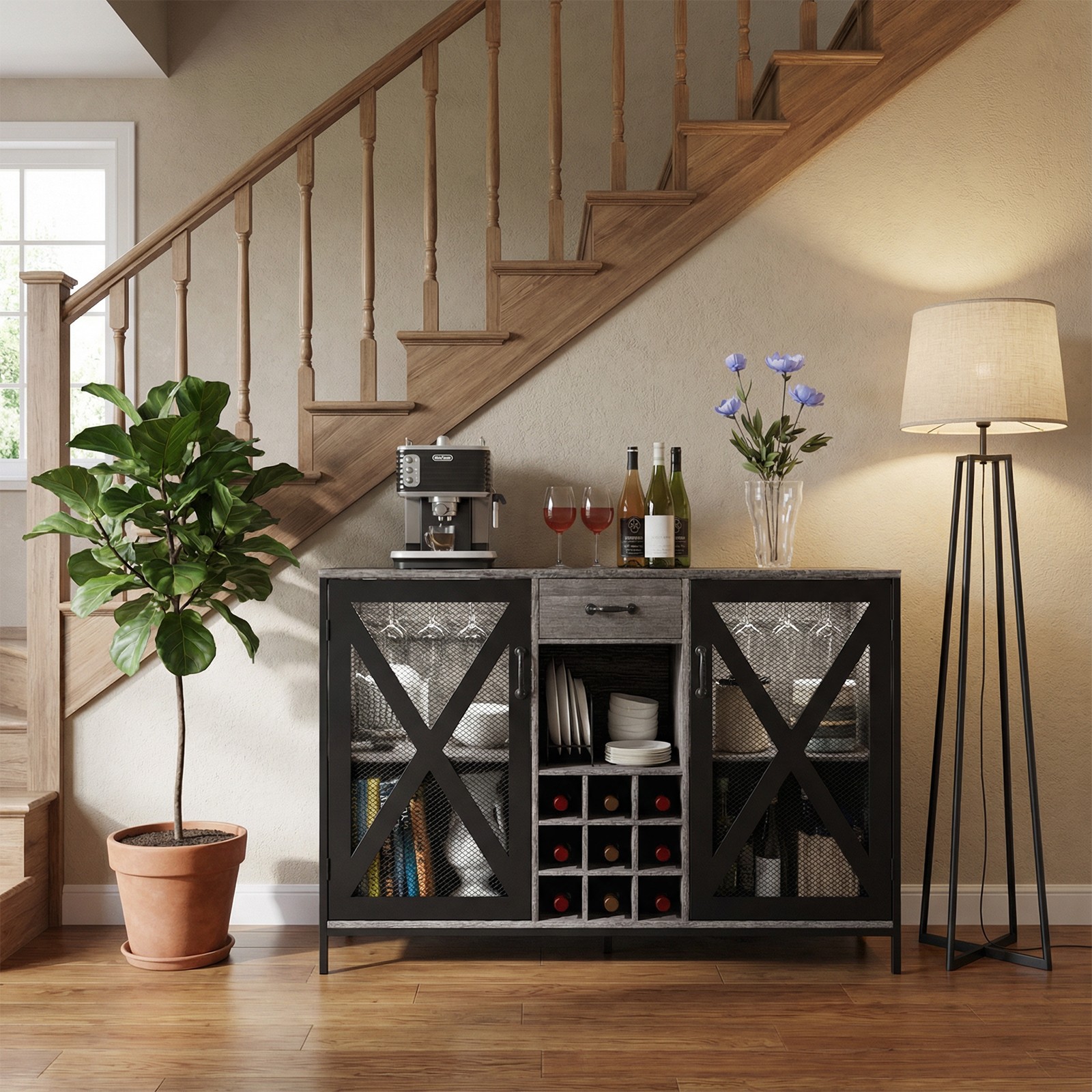 Wooden Wine Cabinet, Vintage Wood Bar Storage Cabinet+Drawer Wine Bottle Display