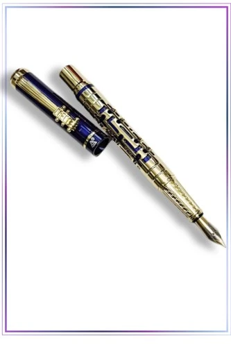 LANBITOU 3095  Fountain Pen Gold/Blue Labyrinth Fine/Med Nib +5 Ink Cartridges - Picture 2 of 5