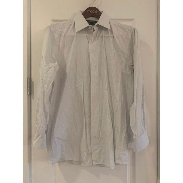 Saks Fifth Avenue Mens Slim Fit Dress Shirt 16 32/33 White Gray Stripe Cotton