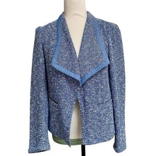 Talbots Blue White Tweed Open Front Blazer Jacket S Cotton Blend Trim