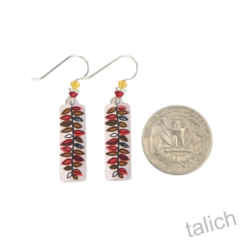 Adajio Earrings Warm Silver Column with Red and Tan Fern Leaf Handmade 7725 - Image 4 of 4
