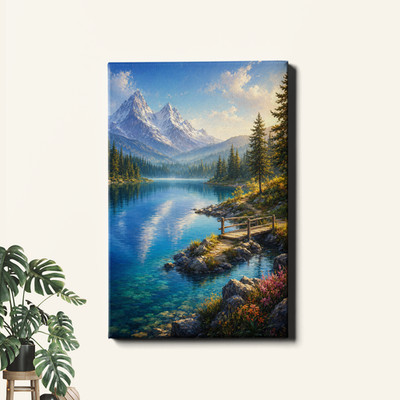 Alpine Lake Mountain View Oil Painting Framed Canvas Print 20x30inch