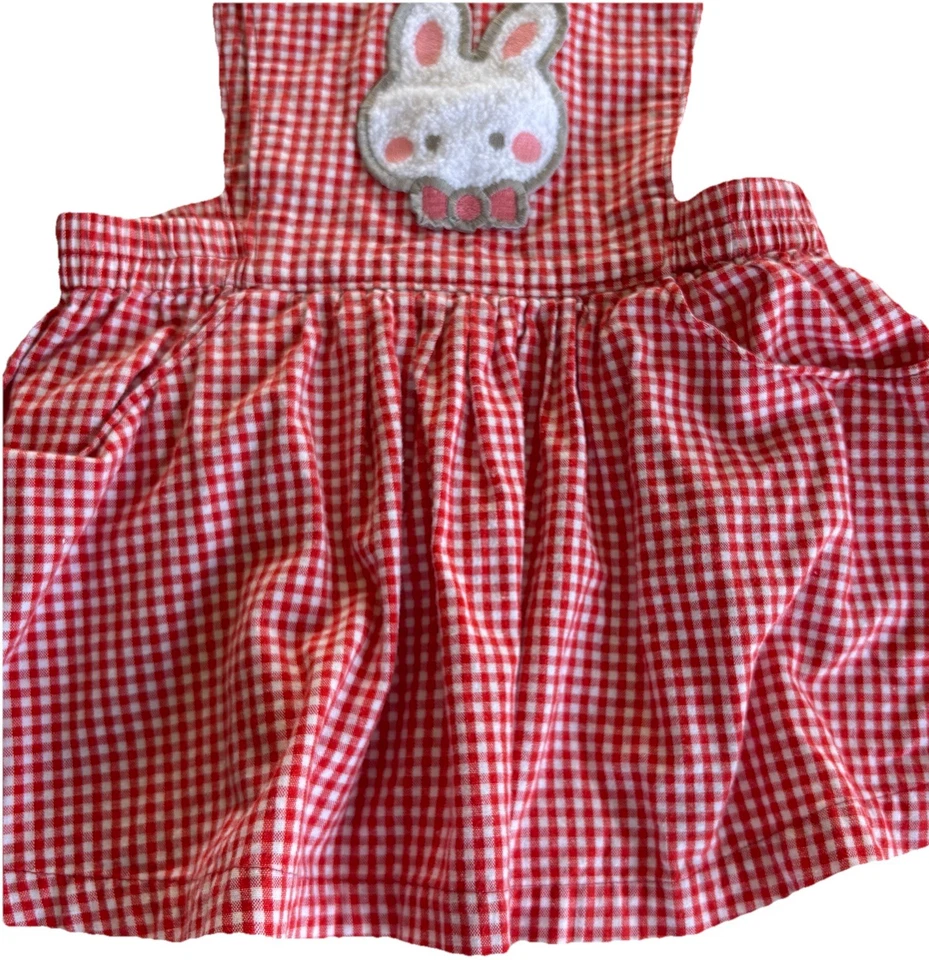 Delantal de guinga Sanrio Sugar Bunnies rojo blanco 90 cm 2T-3T algodón vintage Foto 3 de 4