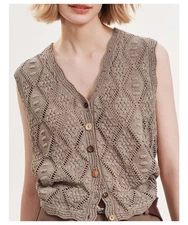 Japanese Linen Hollowed-out Retro Crochet Knitted Cardigan Women's V-neck Vests