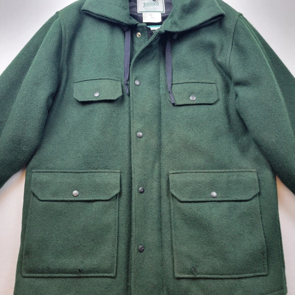 Johnson Woolen Mills Jacket Mens 44 Green Hooded Wool Hunting Coat Game Pouch - Image 4 of 4