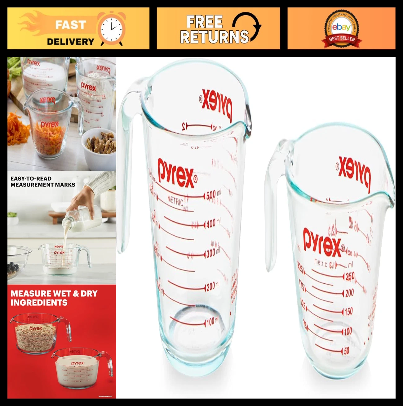 2-Pack Glass Measuring Cups Set - 1 & 2 Cup for Baking, Cooking, Oven Safe, Dish