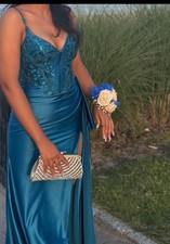 Blue Satin Beaded Formal Gown V-Neck Long Dress with Side Slit Sleeveless