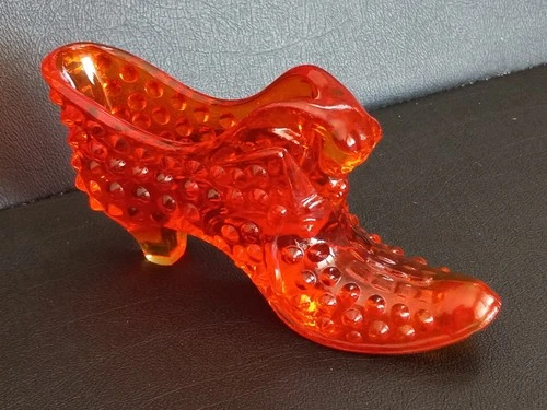 Vintage Fenton  Amberina orange Glass Shoe Slipper Cat Head Hobnail