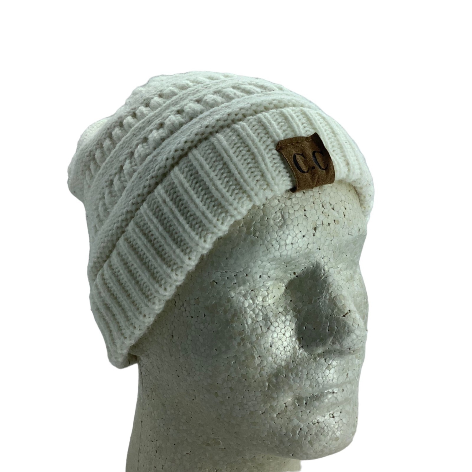 C.C. Beanie Coste Cavo Lavorato a Maglia Pony Foro Coda Beanie Cappellino Teschio Donna Bianco OS