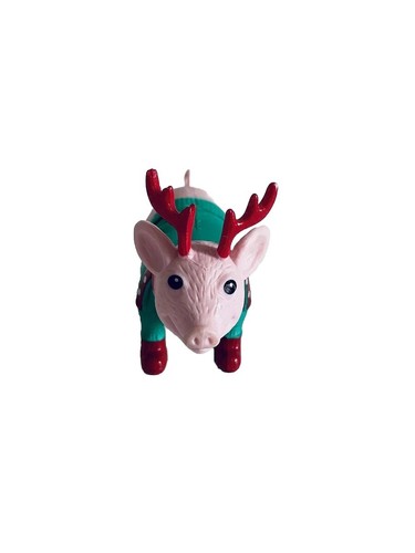 Christmas Pig With Reindeer Antlers Red Boots Polka Dot Scarf & Green Sweater - Picture 2 of 5