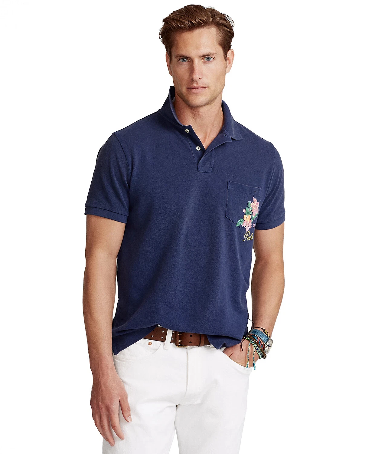 Polo Ralph Lauren Mens Custom Slim Fit Floral Mesh Polo Shirt in Blue Sz Medium
