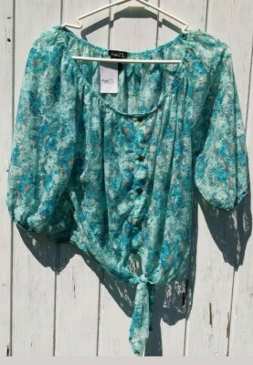 Rue 21 Sheer Half Sleeve Button Tie Up Juniors Large Blouse NWT WL1