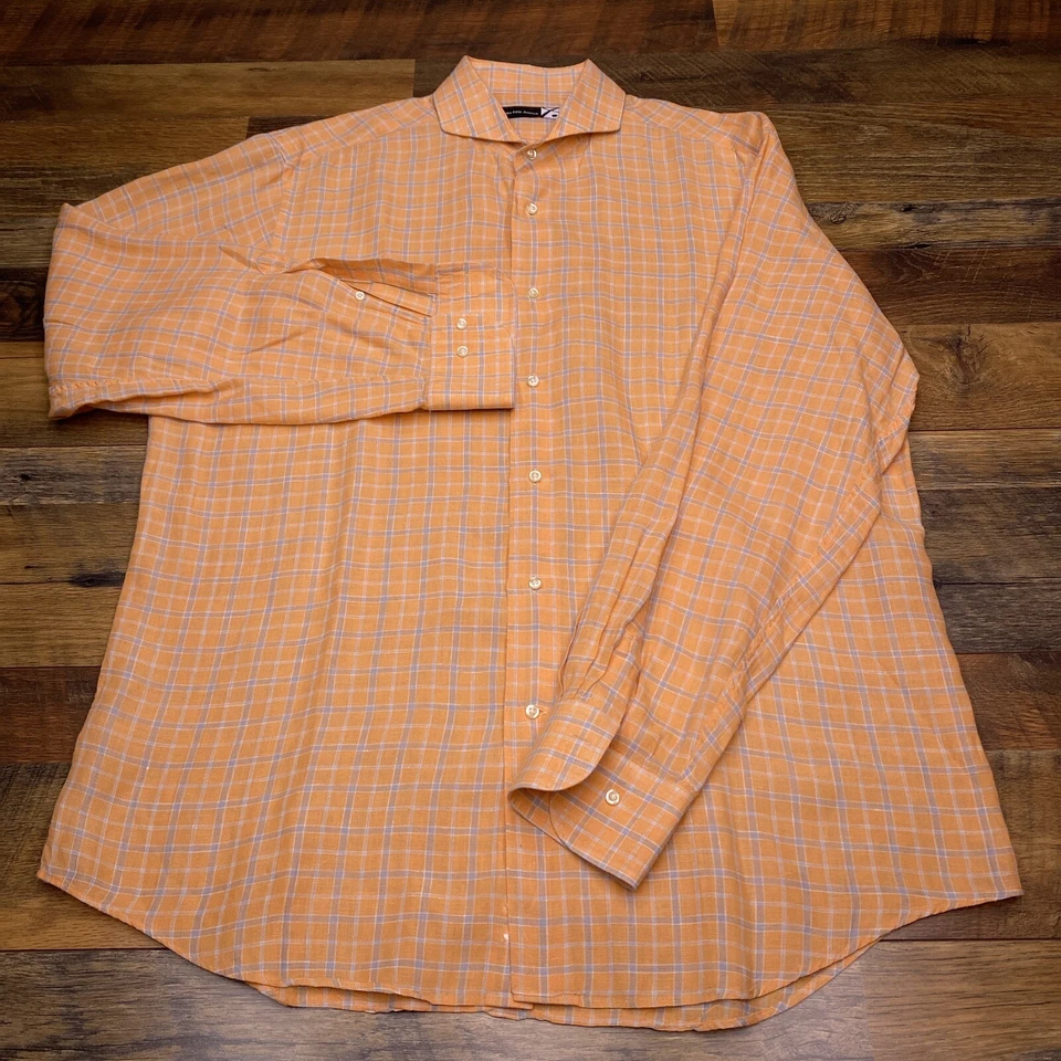 Saks Fifth Shirt Adult 17 Orange Long Sleeve Plaid Button Up Mens Foto 4 de 4