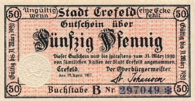 50 Pfennig Notgeld CREFELD Stadt Krefeld - Bild 1 von 2