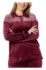 ComfortCode Plush Velour Knit Henley Polo Pullover Top Wine/Medallion