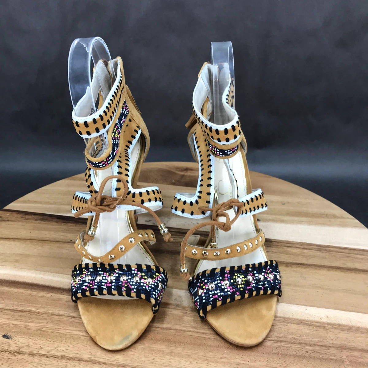 Jessica Simpson Brown Beaded Embellished Strappy Zip Up Pump