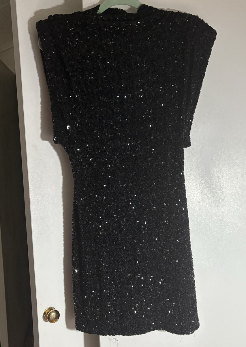ZARA FW23 SHOULDER PADS SEQUIN DRESS L ZW COLLECTION BLACK | 9489