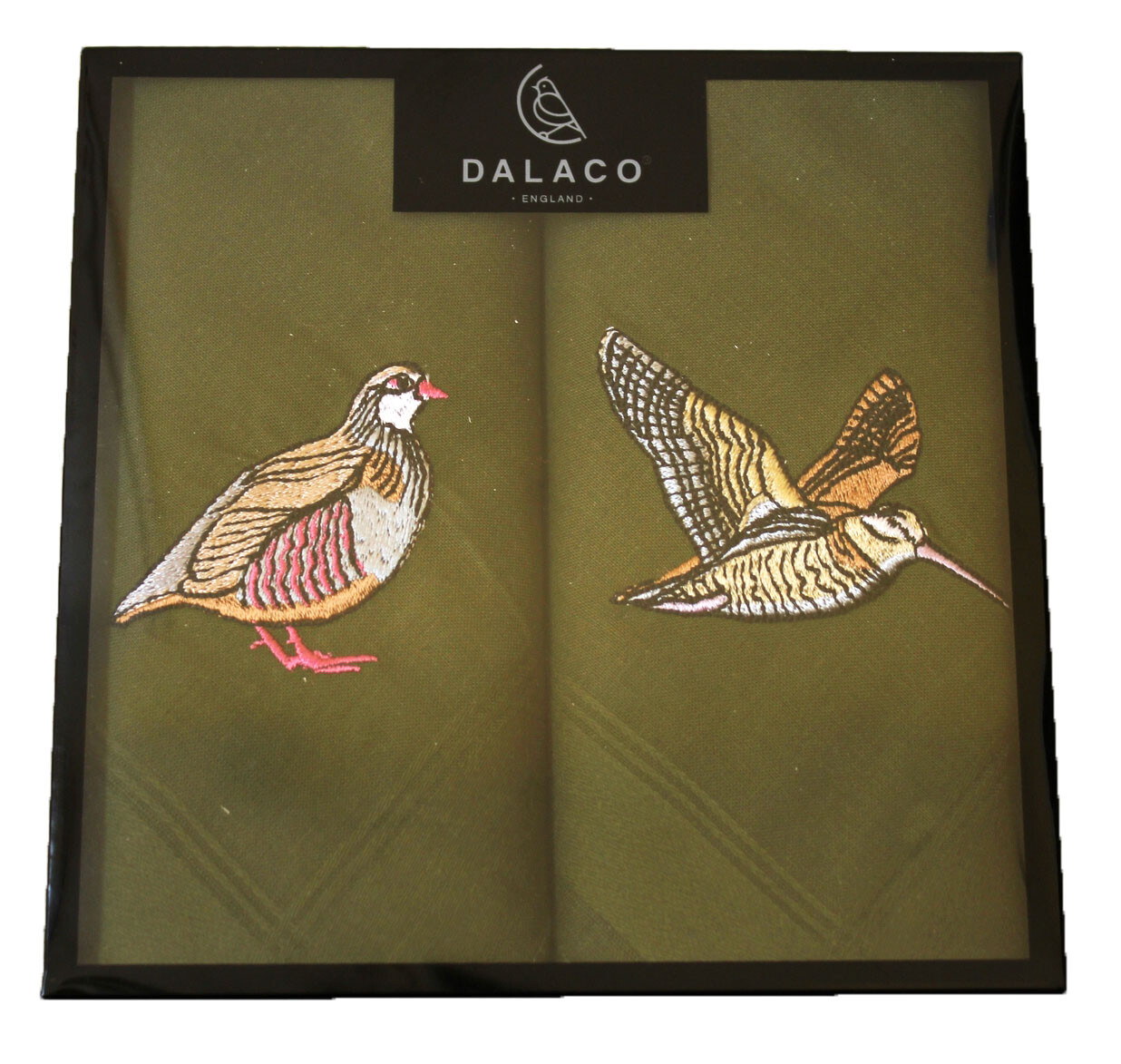 Embroidered Green Woodcock & Partridge Handkerchiefs - game day shooting present