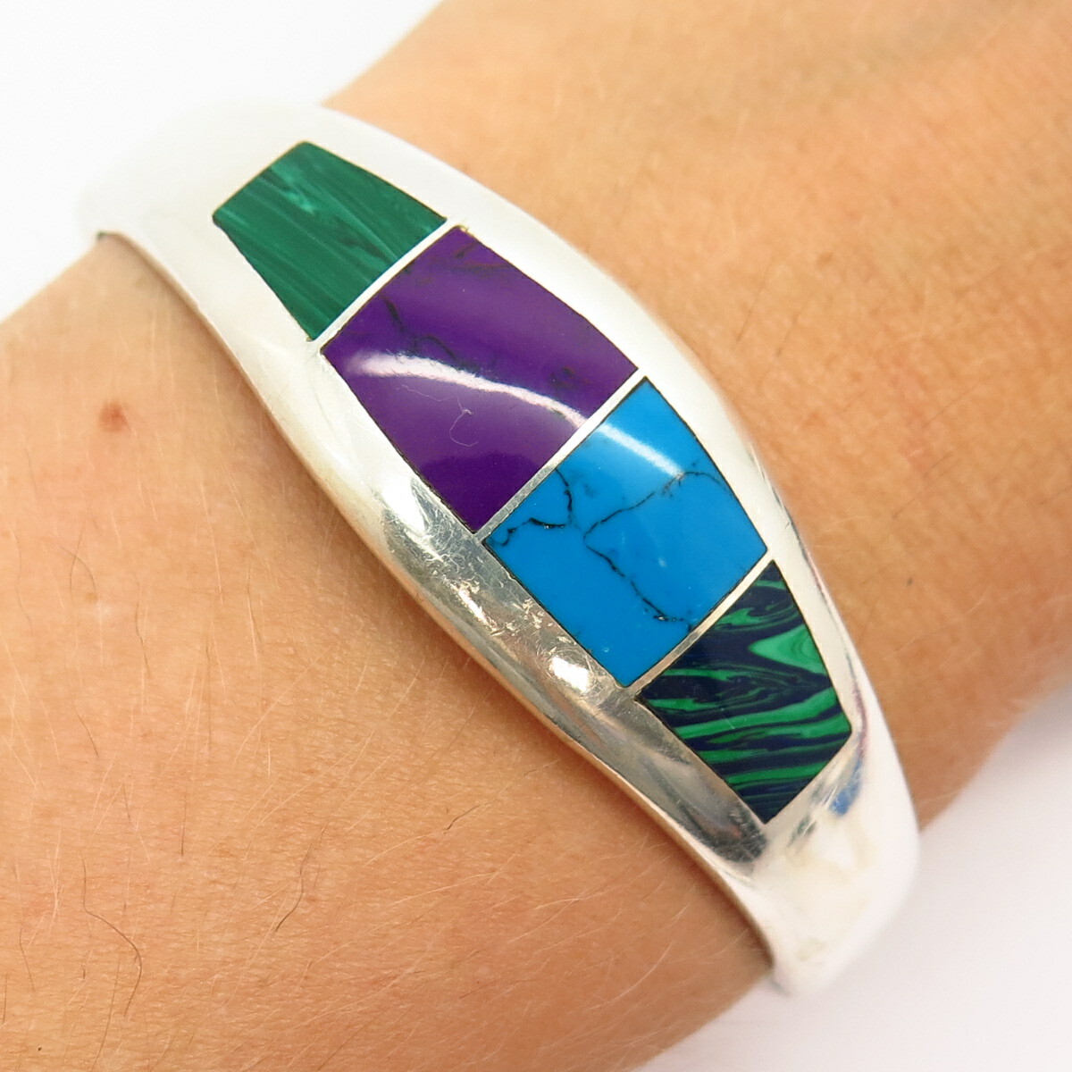 925 Sterling Silver Mexico Multi-Color Gem Hinged Bangle