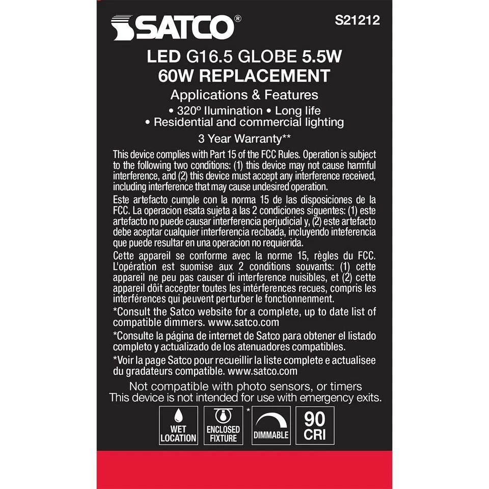SATCO S21212 - 5.5 Watt G16.5 LED Candelabra Bulb - 2700K - 120 Volts (6 Pack) - Image 4 of 4