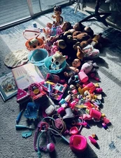 Mix Lot Of Toys For Girls of dolls, stuffed animals, and plastic toys Used