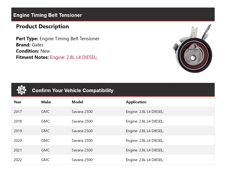 Para GMC Savana 2500 2017-2022 2,8 L L4 motor diésel correa de distribución tensor puertas Foto 2 de 4