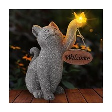 Solar Cat Garden Statue Outdoor Decor Cat Figurine with Butterfly C... Fast Ship