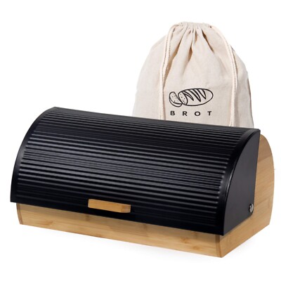 Brotkasten groß Bambus Holz mit Metall Roll Brotbox Brotaufbewahrung Brotbeutel