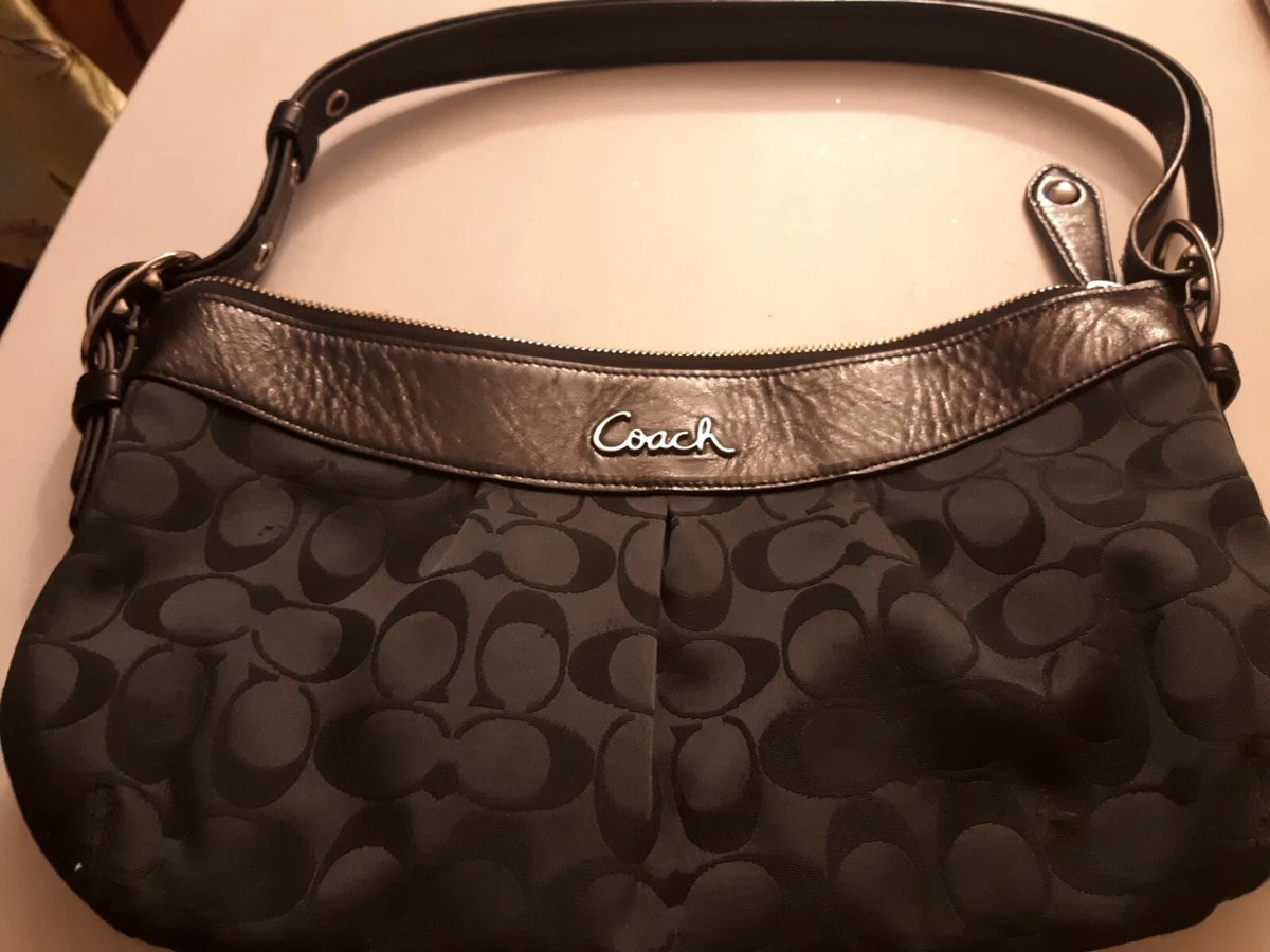 Coach Signature Black Canvas Leather Zipper Closure Small Hobo