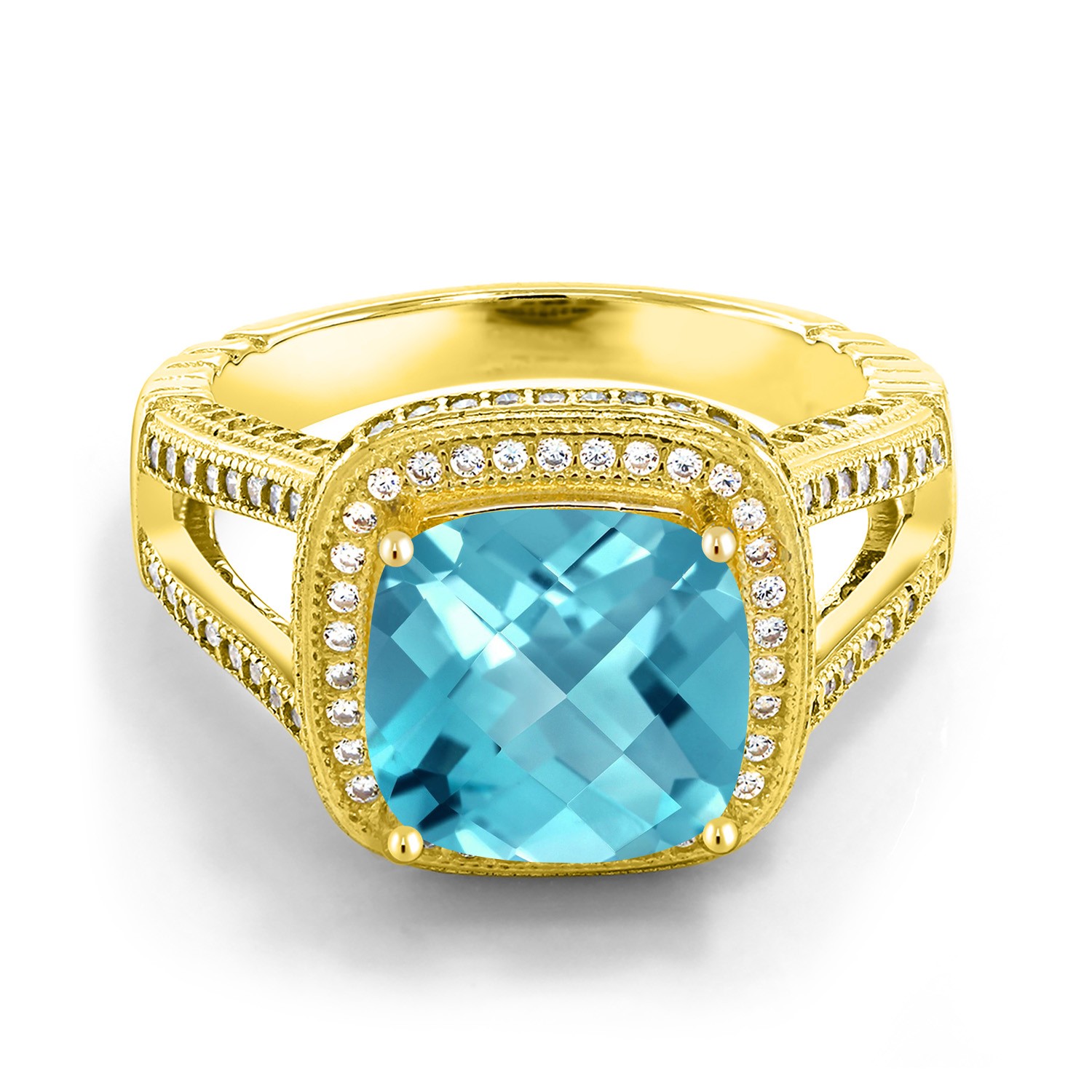 5.92 Ct Cushion Checkerboard Swiss Blue Topaz 18K Yellow Gold Plated Silver Ring