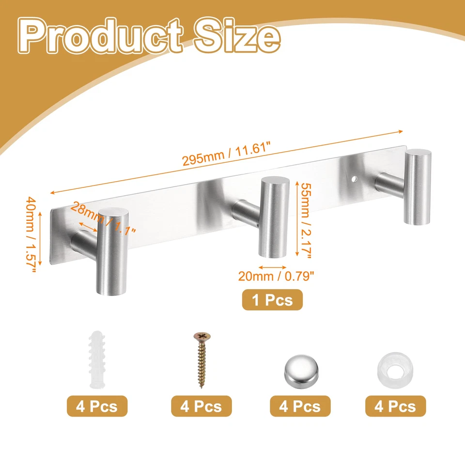 1 Set Hat and Coat Wall Mount Rack, 3 Hook Towel Racks, Silver Foto 2 de 4