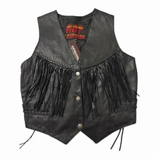 Hot Leathers Fringe Leather Vest Medium M Black Biker Side Lace Braided NWT