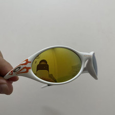Retro Oakley Eye Jacket Red Fire Sunglasses White Frames Gold Lenses Y2K