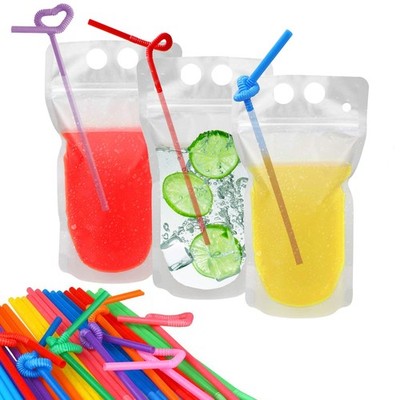 100 Pcs Drink Pouches with 100 Straw Holes, Freezable Juice Pouches, Transluc...