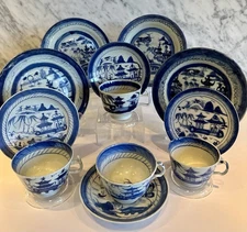 Canton Set 12 pc Antique Chinese Export Blue Cup Saucer 7" Plate 19th C